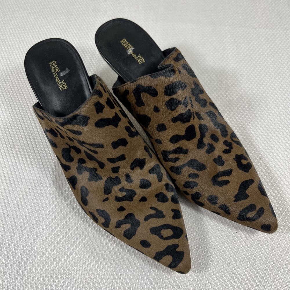 DVF Diane Von Furstenberg Leopard Print‎ Leather Point Toe Mule Heels Size 6M